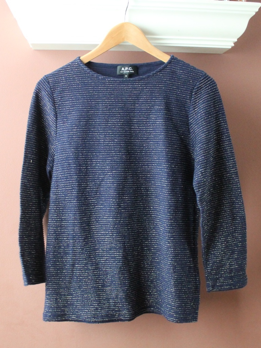 APC Navy and Metallic Gold 3/4 sleeve top Breton style size M